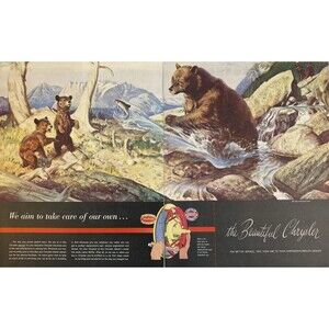 Chrysler Service "We Aim to Take Care of Our Own" 2-page Bear Cub Scene Ad 1948